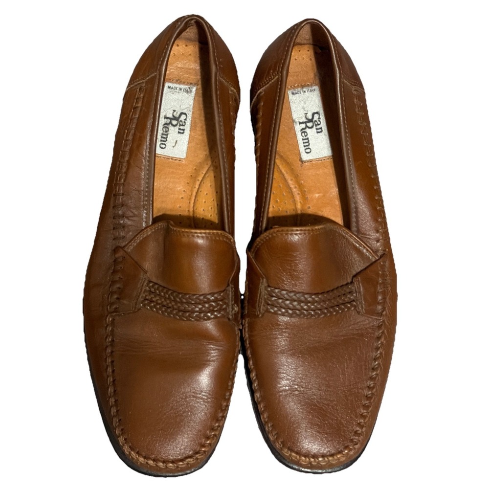 SAN REMO Size 10.5 Made in ITALY Handmade Genuine Leather Brown Loafers VTG
